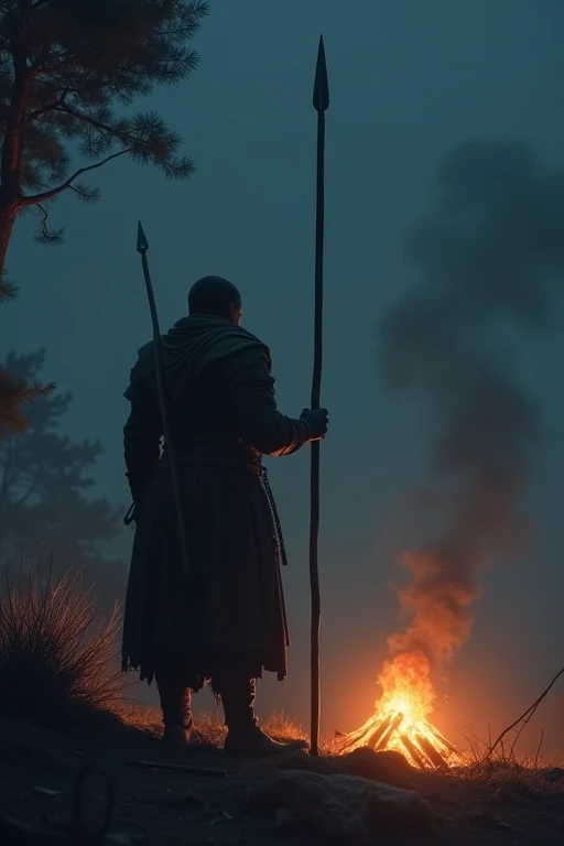 "A detailed and tense UHD depiction of Abbad taking a night watch. He is seen with a focused gaze, standing tall as a lone sentinel, holding a spear and watching over a campfire that glows gently against the darkness."