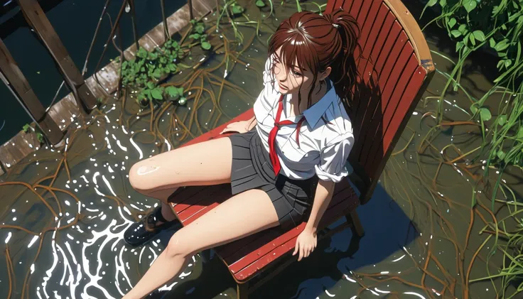 Future Anime Art. Bird&#39;s Eye View, A dirty woman sits on an abandoned chair , Wet, messy hair hanging over her eyes,  detailed bodycon shirt and pleated skirt. Vic Ship, Close-up view, Hurt. Hand-drawn,  cinematic lighting ,  high definition. white, br...