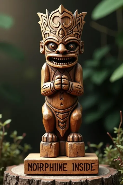 Totem tribal Tiki en bois avec un socle. Sur le socle la phrase morphine inside est gravée en majuscule avec une police tribal 