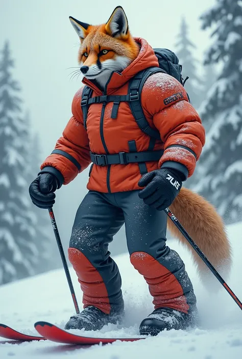 Generate an image for me which has a fox  ,  with ski clothes very muscular body very muscular with the anatomy of a human and that the creature is very giant,  that is in a skiing area and that his ski suit is damaged 