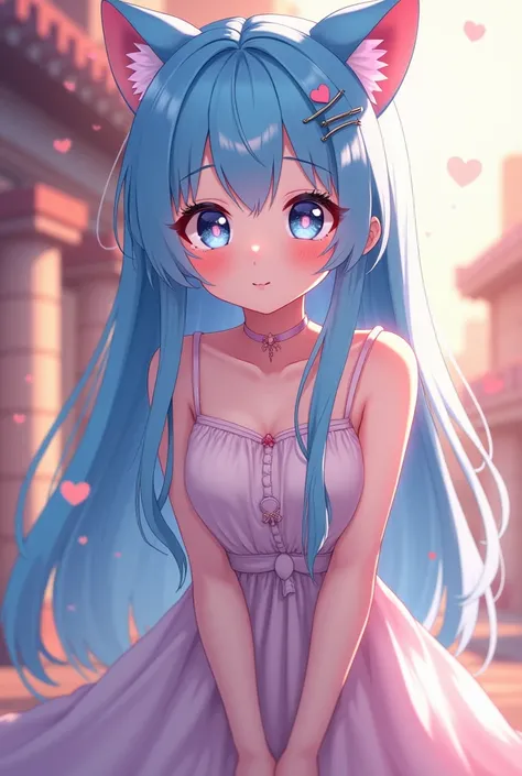 1girll, full bodyesbian,long eyelasher, blue hair, Light blue hair, Gradient hair, hair pin, Hairpin, hair adornments, Heart-shaped pupils, blue eyes, Cat ears, Light smile, Shy, Blush, hearts in eyes, anime big breast, Anime style, 8K, Super detail, Best ...