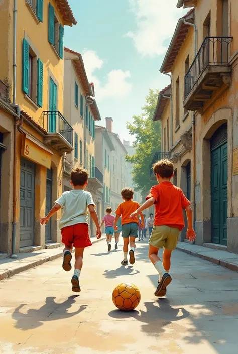 Pouvez-vous décrire le style artistique de Kim Jacobs en représentant des enfants jouant au football dans une rue des années1950 en utilisant une combinaison de techniques daquarelle et dencre, et en évoquant une atmosphère pittoresque et colorée rappelant...