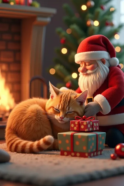 Generate a high quality 3D image:An orange cat is sleeping wearing a Santa cap and Santa Claus is placing gifts next to it