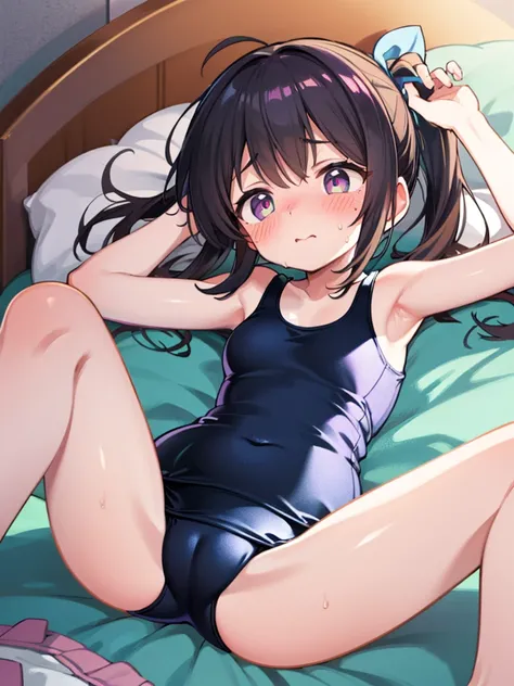 one girl, black ponytail, lying in bed, (baggy one-piece swimsuit, school swimsuit:1.4), armpit, spreading legs, Chubby body, blushing face, embarrassing face, 