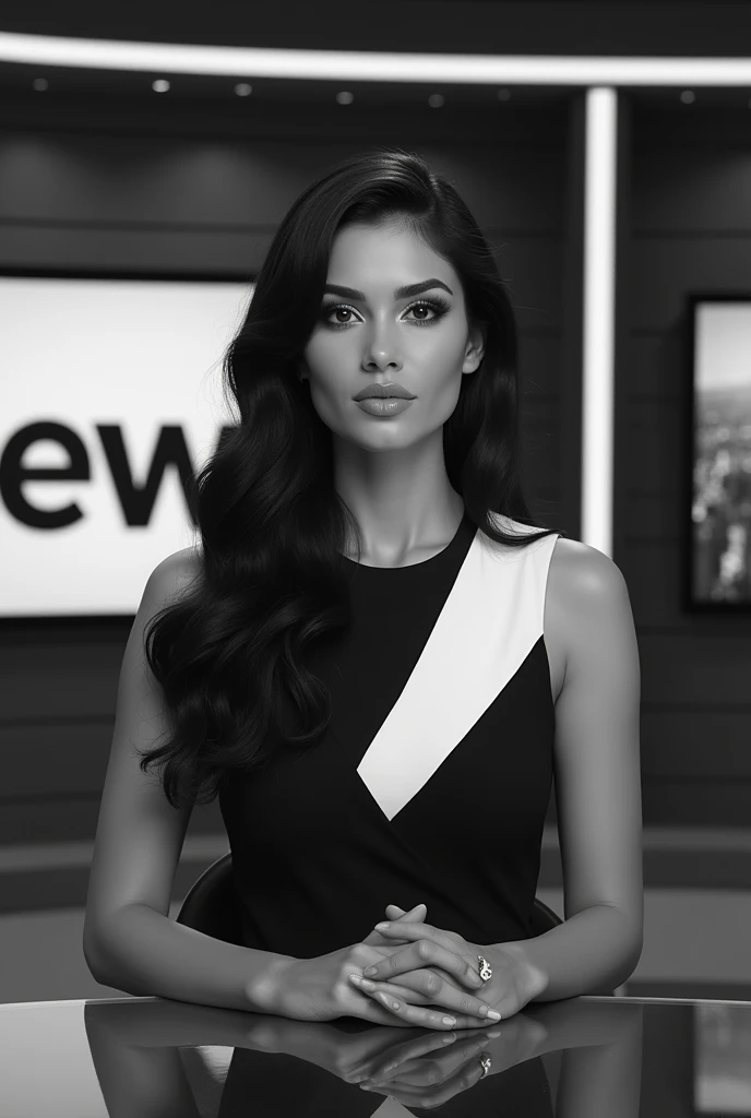 A beautiful Brazilian news anchor with black hair, wearing a black and white dress in a news room presenting the news. A logo design written AI NEWS, she is sitting while presenting the news, she is looking at the camera, grayscale environment