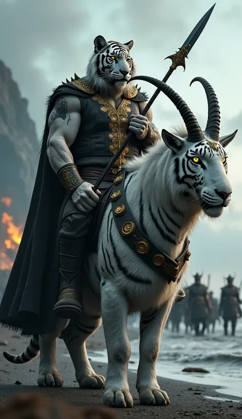 A photorealistic image of a burly silver tiger with glowing yellow eyes and a long scar across its face, dressed in a tattered yet majestic royal outfit in black and gold. The tiger grips the Spear of Thor while astride a goat with spiny ridges along its b...