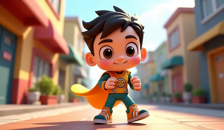 Create a 3D animated character in the Pixar style. The character is named Dollar Hero and has a modern design. They have well-defined limbs, wearing sporty sneakers. Their overall appearance is dynamic, vibrant, and fits the heroic theme. The style should ...