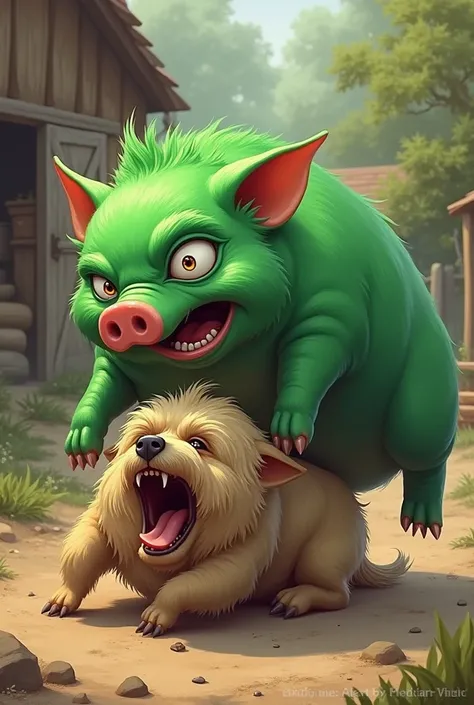 A little green piglet whips a crying dog 