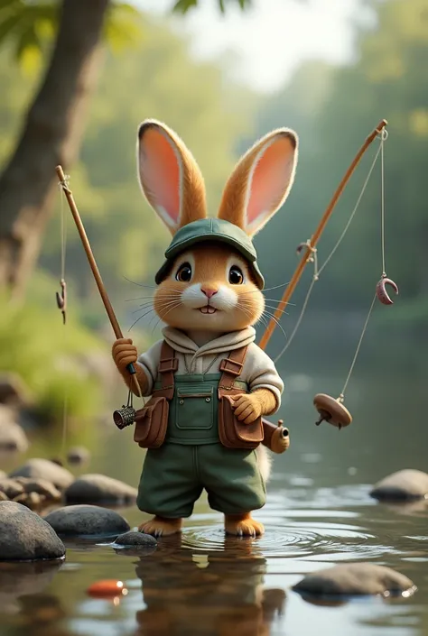 Bunny dressed in sports fishing gear by the stream. 3D IMAGE