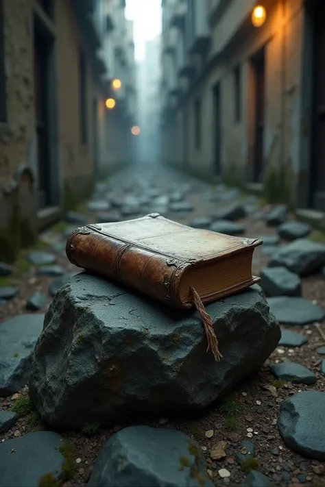 A closed book on a rock in an alley in a marginal area