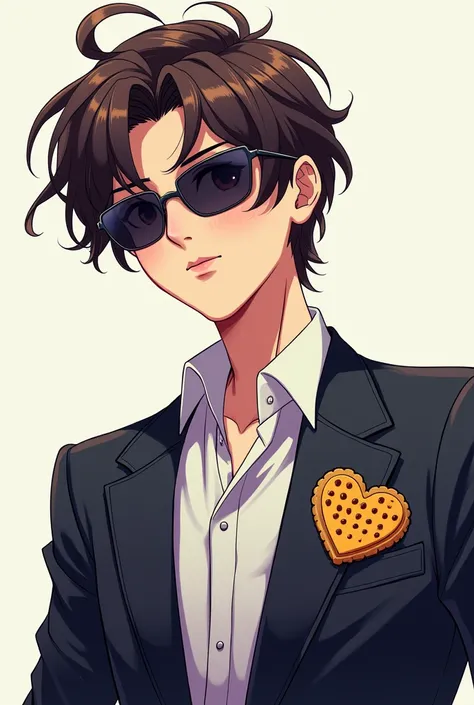 Generate a young man with sunglasses ,  suit and with a Kuky cookie handkerchief,  anime style, primera persona 