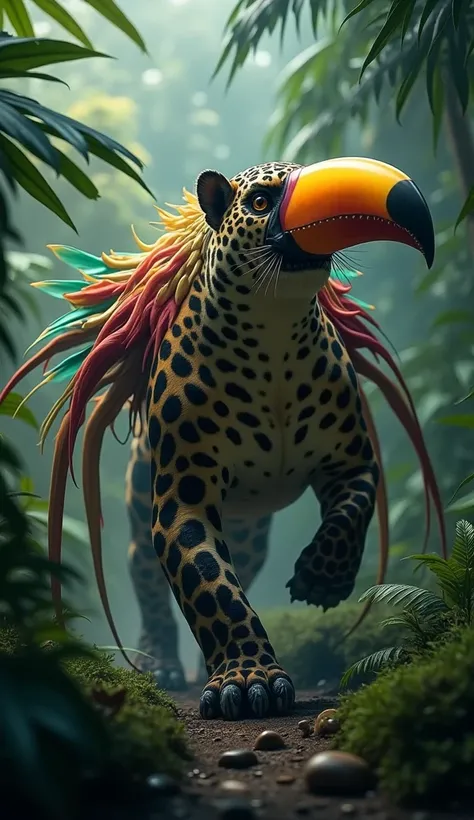 "Create a fearsome, hyper-realistic hybrid creature that combines the sleek power of a jaguar with the vibrant features of a toucan. The creature has the muscular, stealthy body of a jaguar, with sharp, powerful limbs and spotted fur. Its head is adorned w...