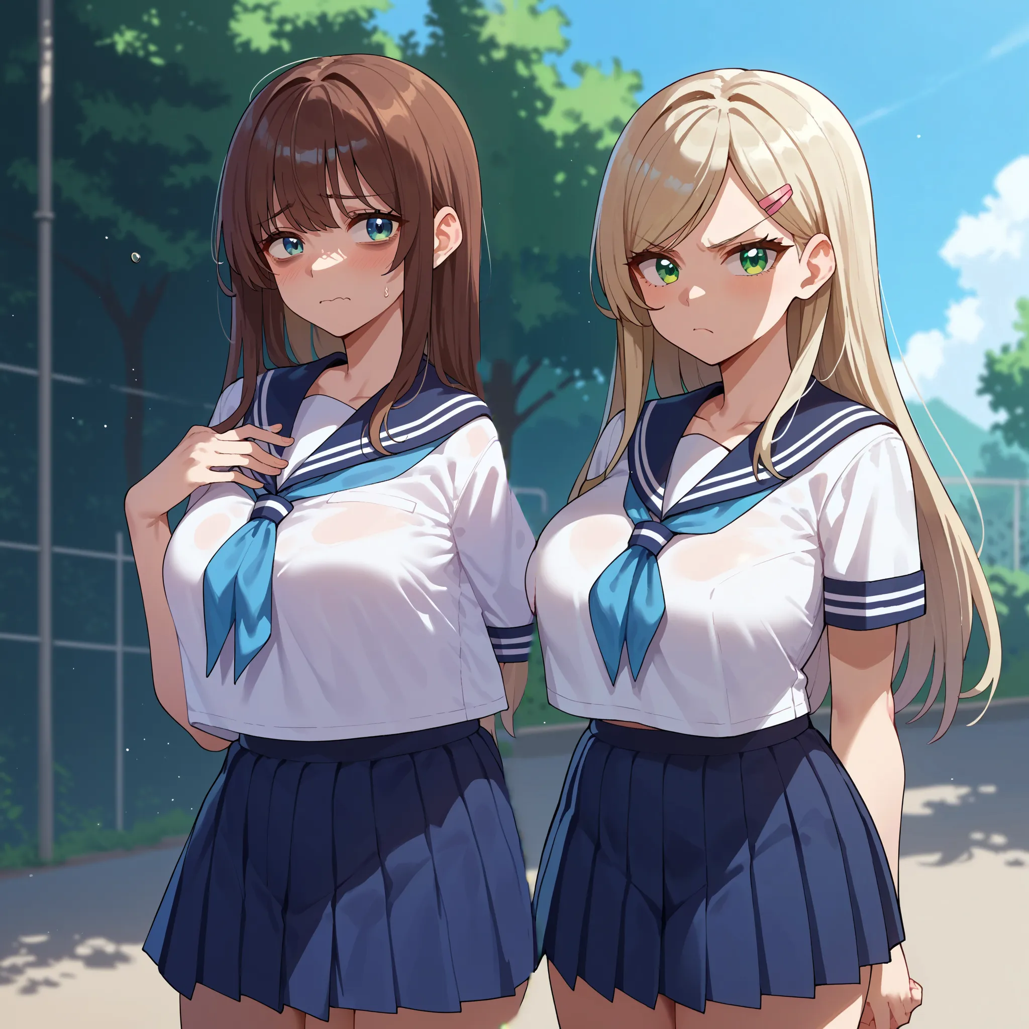 {{score_9, score_8_up, score_7_up, score_6_up, score_5_up, score_4_up, source_anime}} 2girls, outdoors, school, cowboy shot, med...