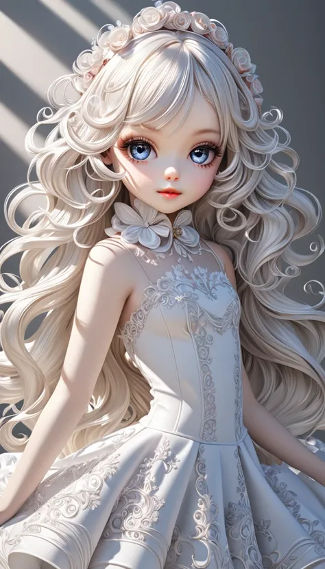 fashionable cute chibi character, white long thick eyelashes, captivating large eyes, shy smile, shiny silky disheveled hair, make up, amorous and lewd expression, cortesy, elegance, dignity, superlative body proportion, wearing like a fashion model clothe...