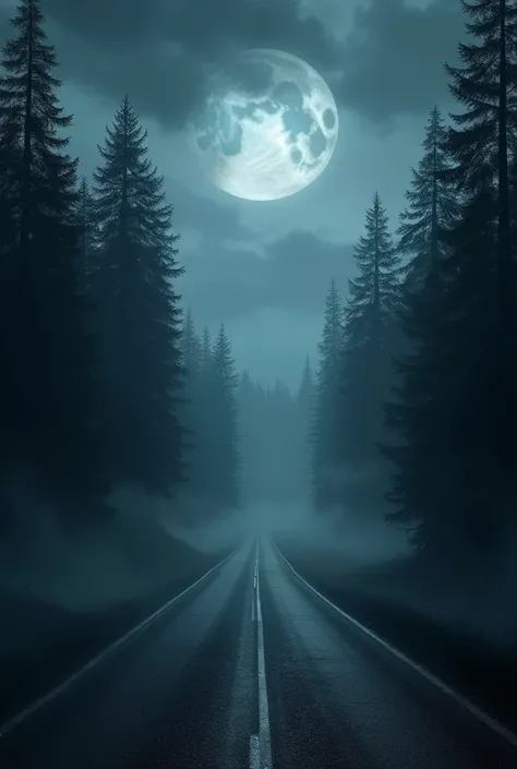 A desolate night scene with a dimly lit, empty road surrounded by dense trees. The moon peeks through heavy clouds, casting a faint silvery glow. The environment feels cold and eerie, with mist creeping along the ground.