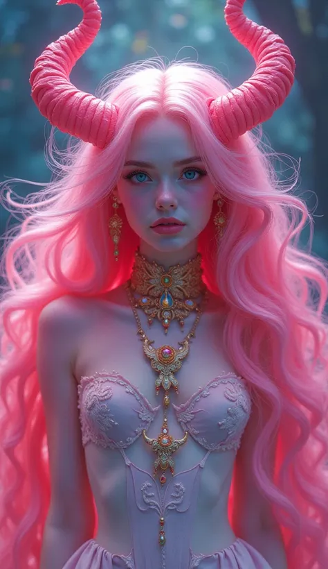 a woman with pink hair, charlie bowater and artgeem, violet polsangi pop art, belle delphine, evil glow, djinn human hybrid, lisa frank style, divine goddess, ultraviolet, necro, beautiful female druid