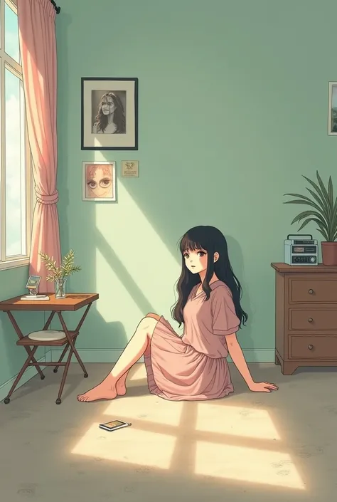 A anime lofi girl alone in the big room, Lana del Rey small picture in her room wall and music radio in her table 