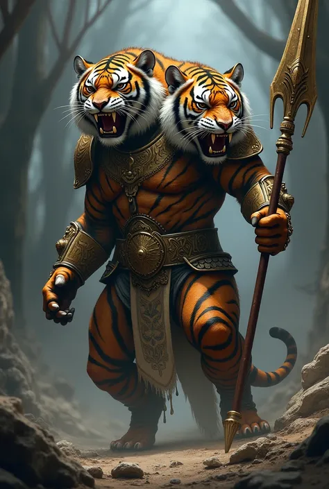 A two-headed tiger in armor and with a spear in his hands. 