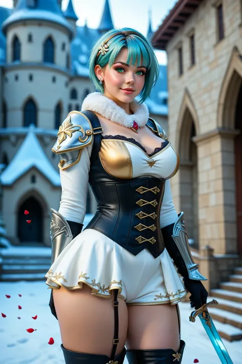 gwen tennyson,1girl,tracer,bulma,rebecca chambers,overwatch,atelier ryza,close up,fantasy castle view,tattoos,blue and white plugsuit,white short sleeve knight top,snowflake embroidery knight armor, Glossy enamel lycra micro shorts,snowflake embroidery cor...