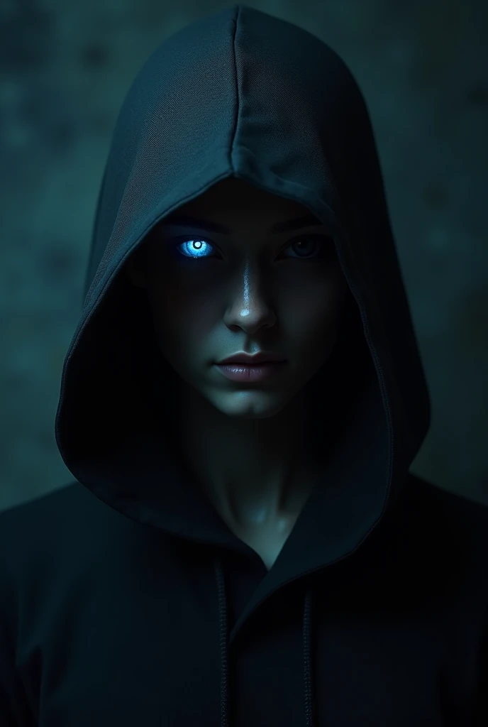 A person with a hood and only the blue eye can be seen 