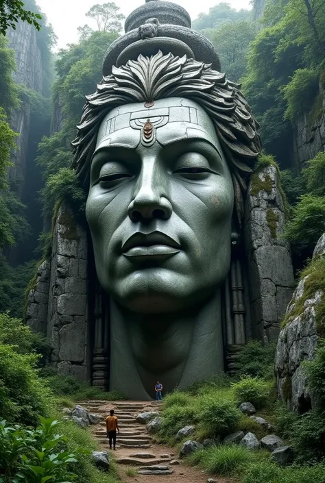 The images of the lord shiva Face of the Amazon in stone statue Side large rock hill landscape biggest plant 


