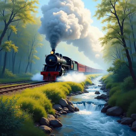 (photorealism:1.2), An image capturing the essence of motion in the style of an impressionistic painting (Claude Monet Style:1.3), soft and hazy brushstrokes depicting a train in full steam, leaves fluttering in the wind, water flowing in a brook, layers o...