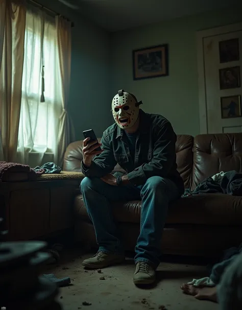 (photorealism:1.2), Jason Voorhees laughing looking at his cell phone sitting on an armchair in his living room 