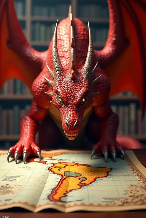 The red dragon looking at the map of South America. Hyper realistic HD 4D photo realism