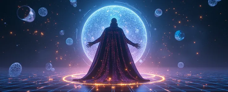 "A stunning Facebook banner designed to capture the fusion of magic and artificial intelligence. The centerpiece is a powerful, mystical magician dressed in an elegant cloak covered with glowing circuit patterns, standing dramatically in front of a glowing...