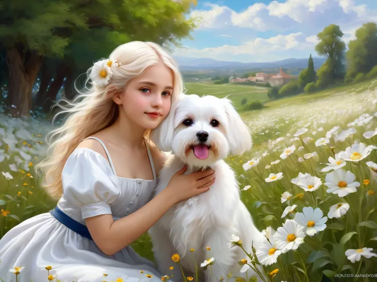  girl, Her fluffy white Maltese dog lived, There is a girl and a dog in a flower field, Adorable digital painting, inspired by William-Adolphe Bouguereau, Oil painting style, inspired by Sophie Anderson, Classic Portrait, inspired by Sophie Gingerer Anders...