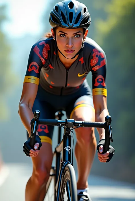 A girl on a race bike wearing a beautiful sports suit