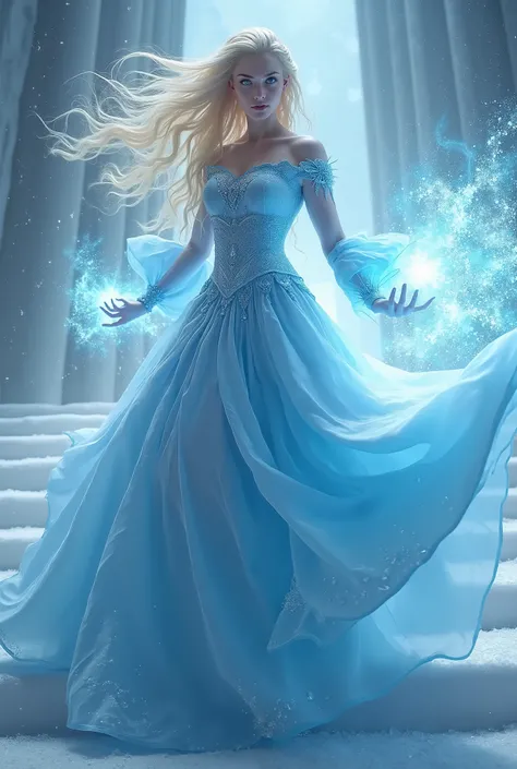 Ultra Realistic photography,Snow Queen，Ice blue skirt ， Little Queen &#39;， long blonde hair ， Sha blue eyes ，anger，Ice Palace Stairs Background， Unleash Blizzard magic, ultra high resolution , full body portrait ,upper body ,Close-up