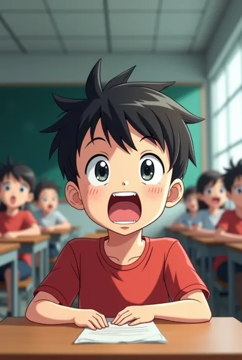 Anime, boy in class with a very expressive face, mouth and eyes wide open 