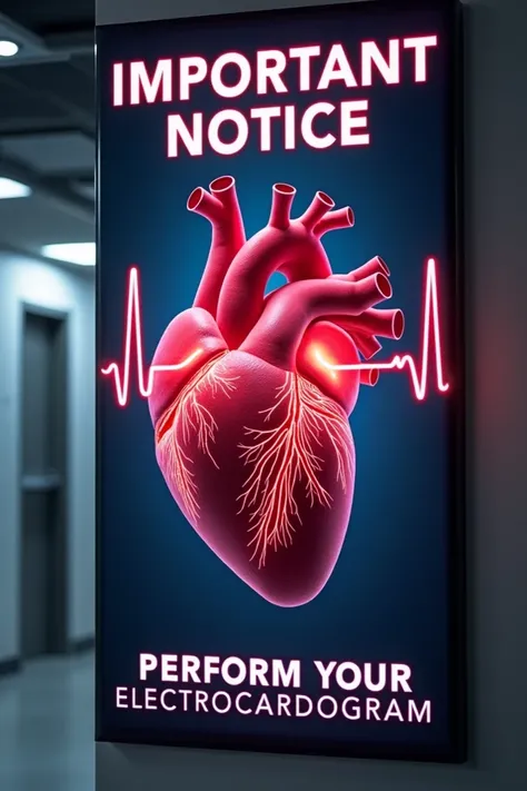  Create an image of a notice related to the gym ,  written at the top of the  ( Important Notice)  followed by an image of a heart beating heart,  poster at the bottom of the poster write ( Perform your Electrocardiogram )