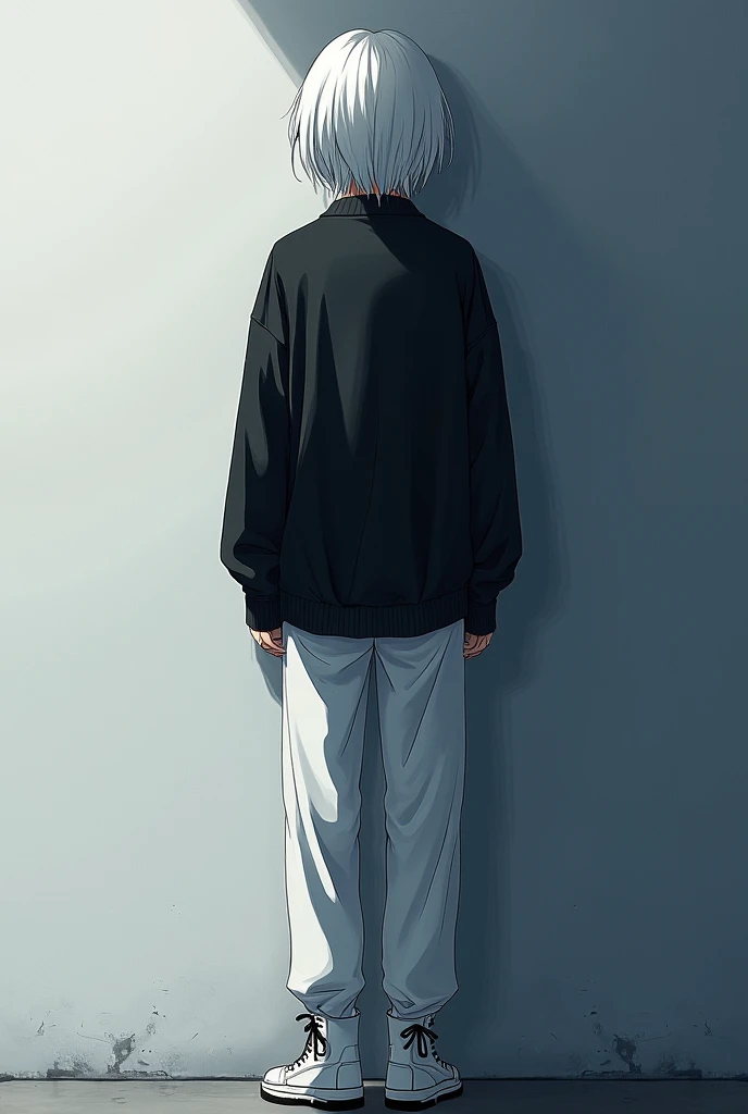 The image is very detailed,  with shadows and dim anime-style lighting .,  although somewhat dark and adult .,  2 people appear in him ..  He stands in front of a white wall .,  He looks almost turned , almost completely on his back ,  He has snow-white ha...