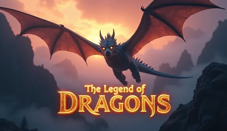 A captivating thumbnail for a documentary on dragons. The image features a majestic dragon flying through a misty landscape with mountains in the background. The dragon has glowing eyes and shimmering scales that catch the light. The scene is dramatic and ...