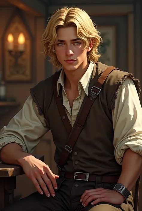 Male patron of a medieval tavern, young man, blond hair, Looking at viewer, Simple background, 