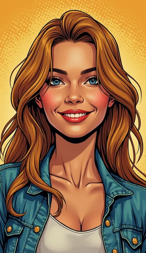 DISCREET image. with discreet casual clothes. image adult woman, american, comic book style. SHE IS HAPPY AND GRATEFUL, with a discreet smile. IMAGES WITH VIBRANT COLORS. SHE IS THE SIGN OF LION. FOCUS ON THE FACE.