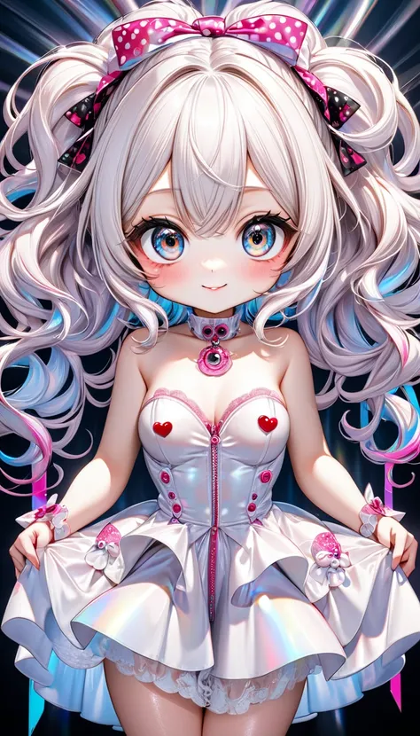 conceptual installation kawaii pop art, fashionable cute chibi character, white long thick eyelashes, captivating large eyes, shy smile, shiny silky disheveled hair, make up, amorous and lewd expression, cortesy, elegance, dignity, superlative body proport...