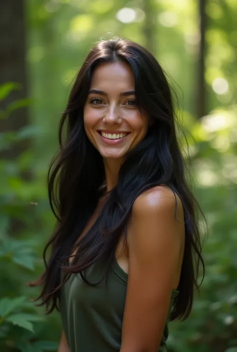 a beautiful young russian woman with long black hair, smiling face, hiking full body pose outdoors, intricate and highly detailed facial features, detailed eyes, nose and lips, beautiful expression, dynamic pose, lush green forest background, natural light...