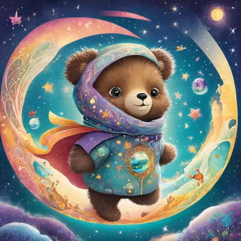 A cute and brave bear named Maubi standing proudly on a small, colorful globe floating in space. The bear has an adventurous and friendly expression, with one paw extended, inviting the viewer to join him on exciting journeys. Maubis fur is fluffy and comf...