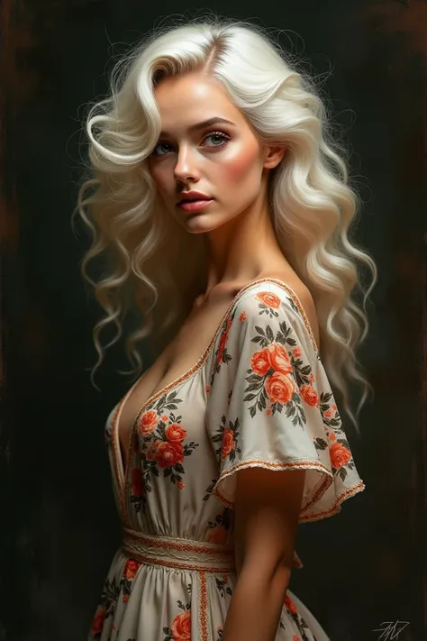 beautiful woman , artistic pose, perfect symmetric eyes,  with soft lush curly warm white long hair flowing, digital painting, with a beautiful delicate silk dress printed with flowers, art portraitby Razumov Konstantin, a ultra hd detailed painting, compl...