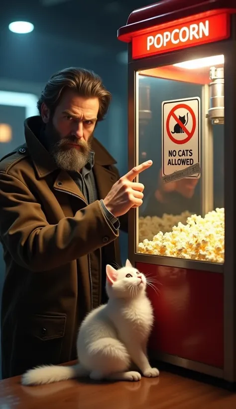  A scenario where a realistic human man with a beard ,  wearing a brown jacket and serious expression ,  points to a sign in a popcorn machine that reads No Cats Allowed with a scratched cat symbol. Next to him, a cute little white cat , White and fluffy a...