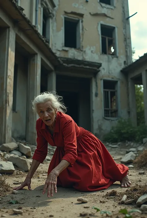 An old lady dressed in red , terrified,  fell to the ground in front of a collapsing building 