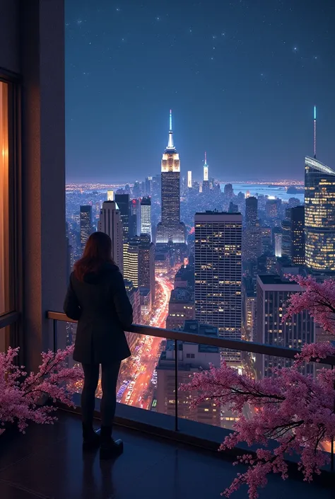 view from a penthouse, manhatten in spring at night