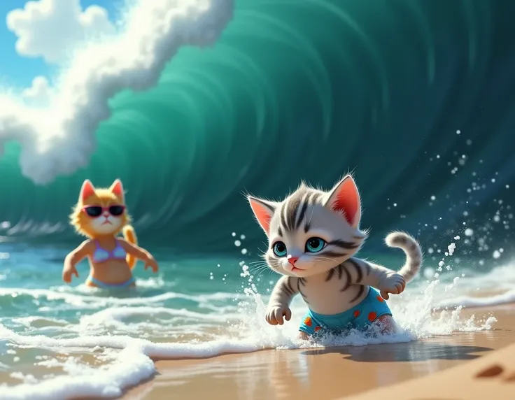 On a sunny beach, a large wave suddenly towers over a small gray kitten named Leo. Leo, with light gray fur, dark gray stripes, and bright blue eyes, is struggling in the water, his tiny paws paddling desperately. He is wearing blue trunks with colorful fi...