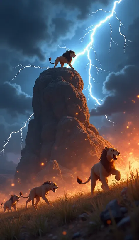  characters: the lion (Enraged, struggling), scar (lethal and defiant), Nala (attacking),  Rafiki  (in defensive position).
Description: Los personajes están en un combate intenso sobre la Kings Rock , with lightning and wind whipping them.
Era:  Prehistor...