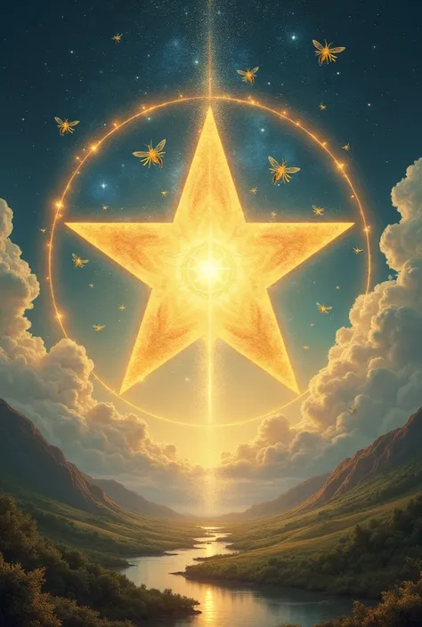 surreal spiritual image ,  with 5-pointed star and golden bees flying