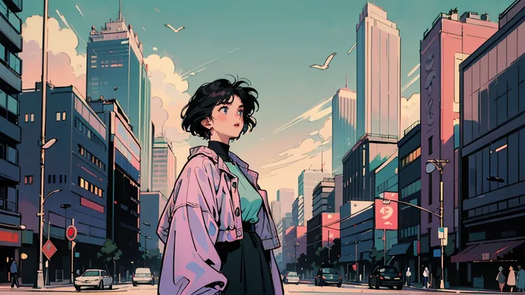 Retro 80s Tokyo evening, One woman. Black hair She is standing at a busy intersection. City pop. Expressions that evoke relaxation and nostalgia. Around her, Eco-friendly skyscrapers blend with traditional architecture. She embodies the idea of lofi cozine...