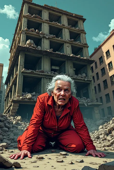 Illustration in comic book model of An old lady dressed in red, terrified,  fell to the ground in front of a collapsing building 